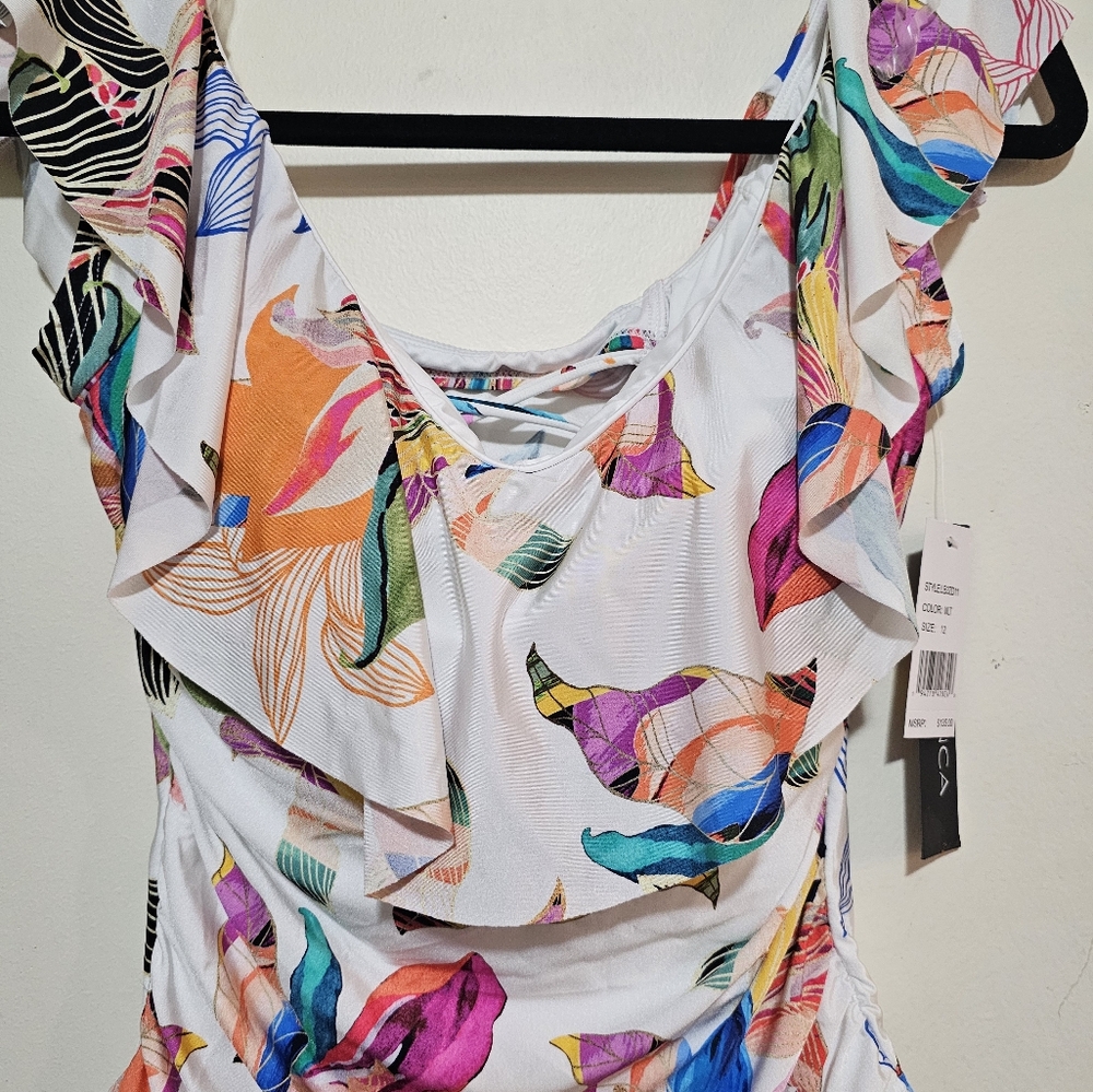 La Blanca One Piece Swimsuit - Women's Size 12 NWT Ruffle Floral Tropical Pool - Picture 5 of 16